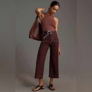 Anthro Maeve Colette Crop Wide Leg Pants Brown Contrast Stitch Linen Blend 32T